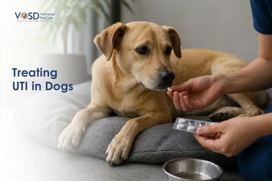 Treating UTI in Dogs: Symptoms, Causes & Care Guide 2 A concerned dog on a cushion, taking medicine from a person’s hand. Text reads “Treating UTI in Dogs.” The tone is caring and attentive.