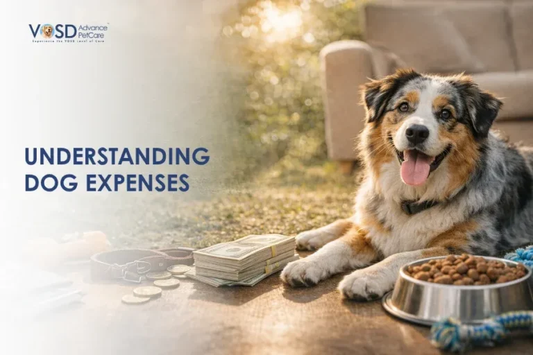 Blog 31 A happy dog lies on a carpet next to a stack of money, coins, and a bowl of kibble. Text reads "Understanding Dog Expenses." Sunlight filters through the background.