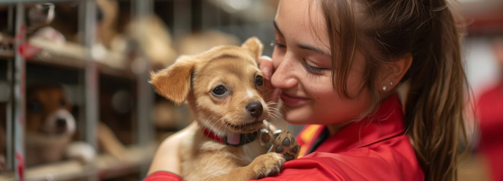 woman smiles small brown puppy