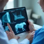 AI-assisted radiology in action – A veterinarian reviews an AI-generated radiograph report on a tablet. AI systems can highlight areas of concern on X-ray images and provide preliminary interpreta