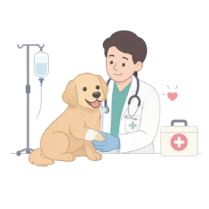 Caring vet with dog in clinic